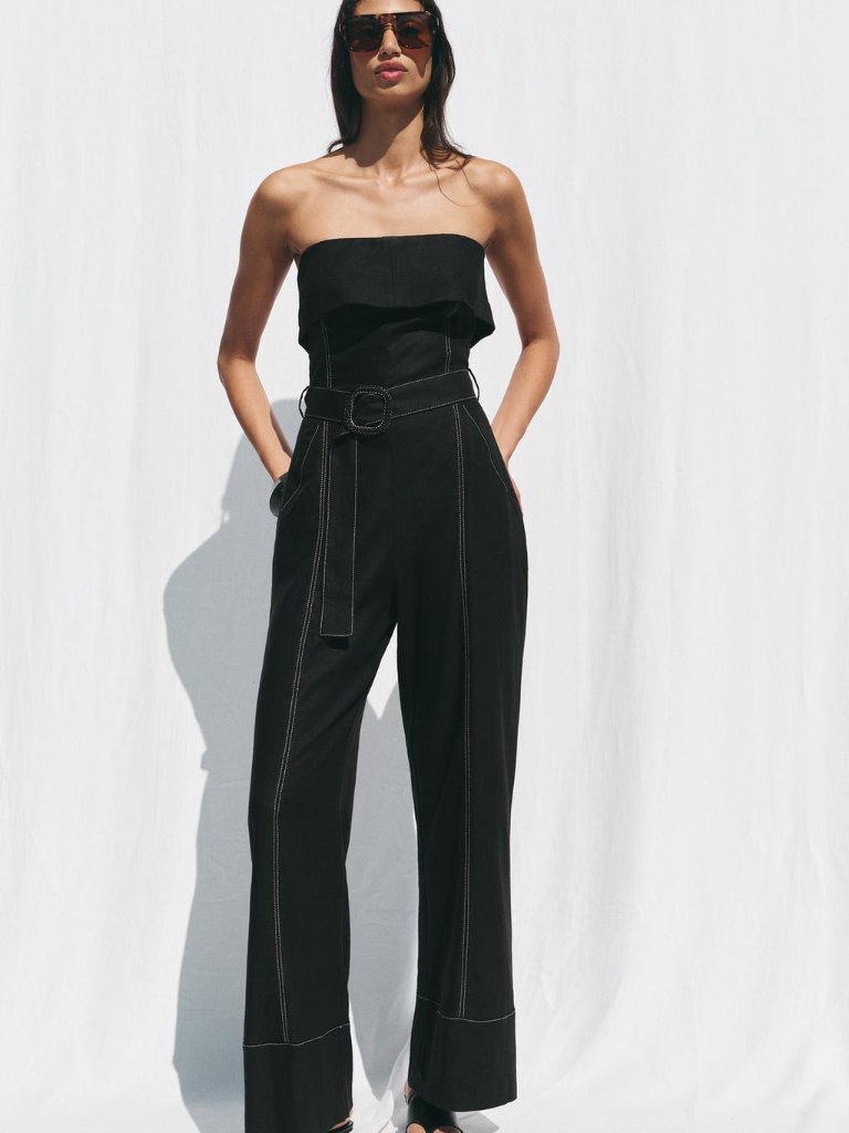 Zara Black Linen Strapless Jumpsuit Belted, Straight Leg, Eu Linen Size Large